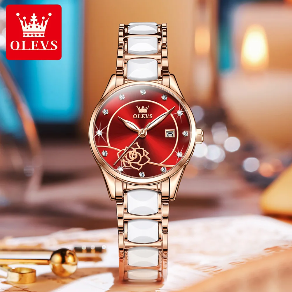 OLEVS 3606 Luxury Women Watch Camellia Quartz Japan Movement 30M Waterproof Watch For Women Ceramics Women Mechanical Watch