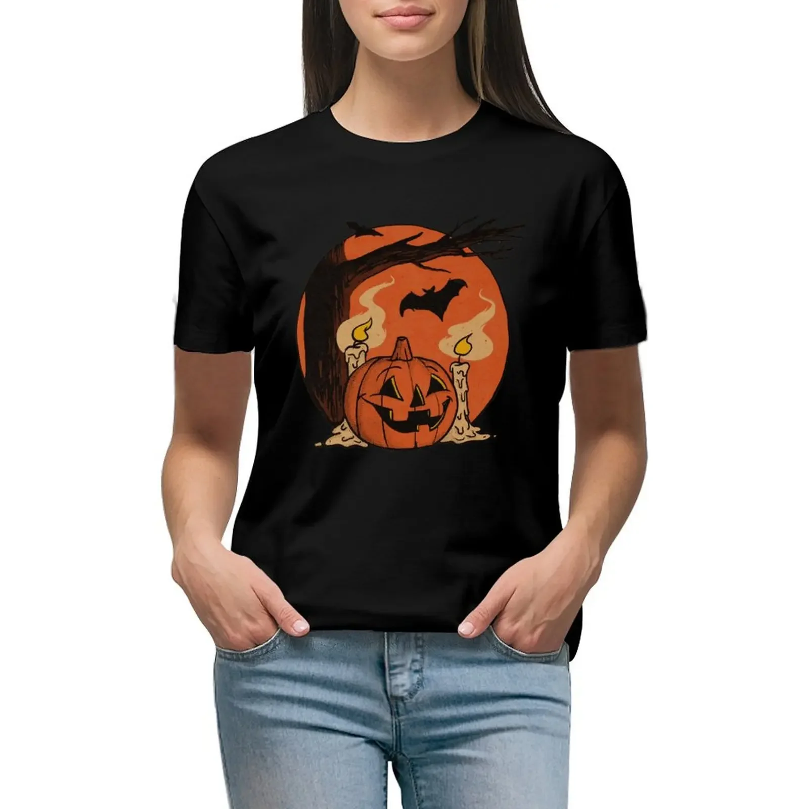 

Vintage Pumpkin Scene Halloween T-Shirt animal prinfor plus size tops t shirts for Women loose fit