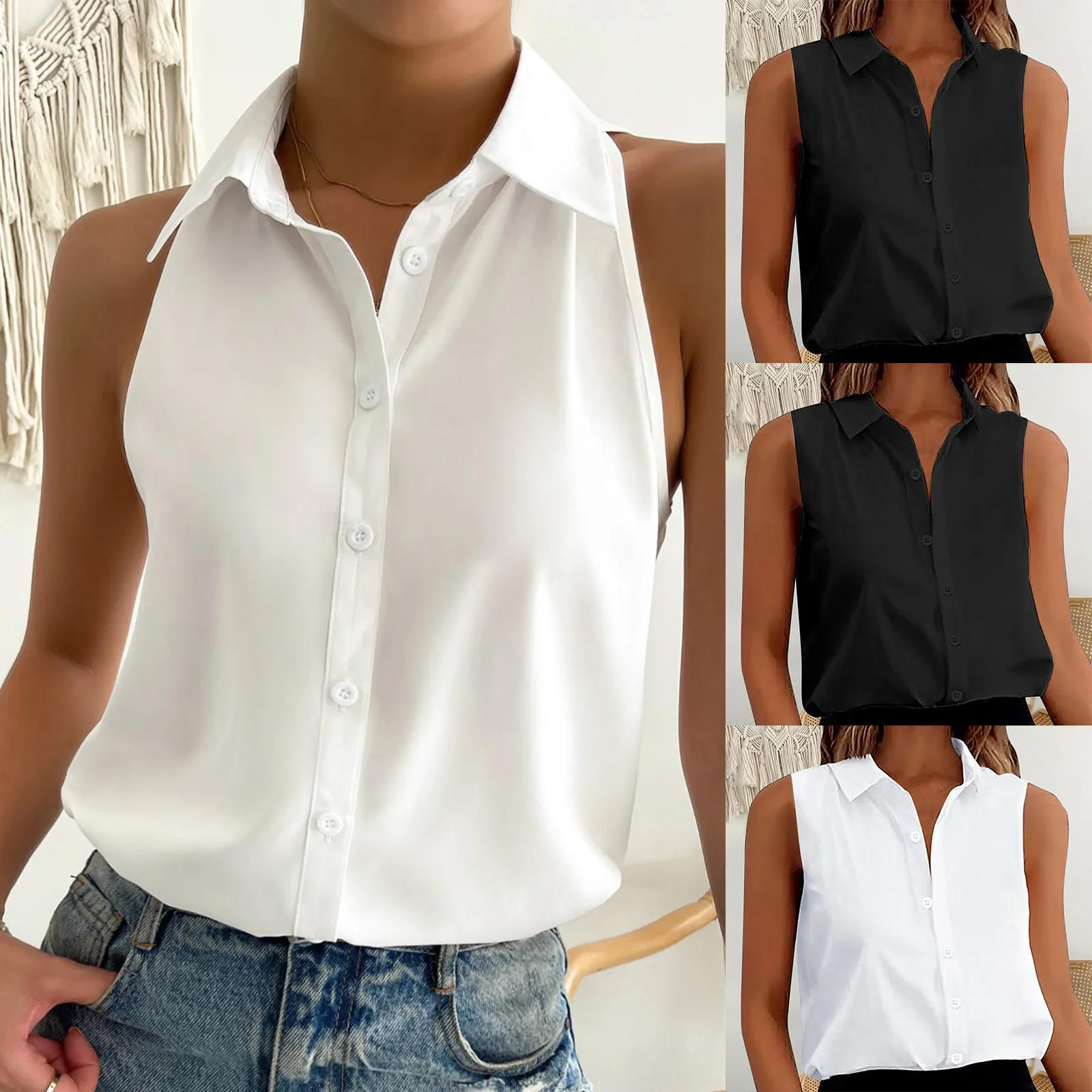 

Women's Sleeveless Button Down Shirt Solid Color Casual Loose V Neck Tank Tops For Summer T-Shirts Work Office Lady Blouses