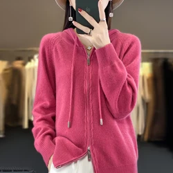 2024 New Cashmere Sweater Women Hooded cardigan Fashion Loose Casual Zipper Cashmere Sweater Women Coat