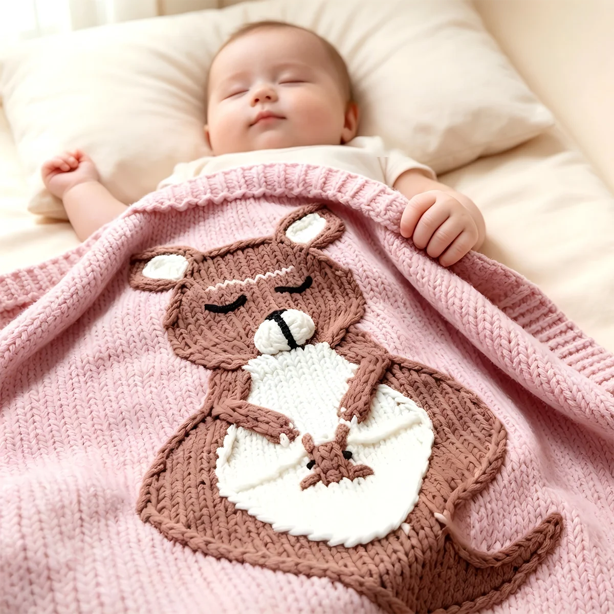 Handmade Kangaroo Baby Blanket 80cm Soft Knitted Nursery Blanket for Newborn Stroller Crib Baby Shower Gift
