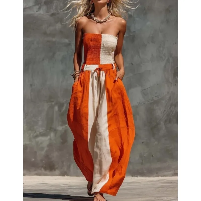 Foreign Style Color Blocked Women's StreetWear Summer Sexy Chest Wrapped Strapless Jumpsuit Fashion Loose Jumpsuits With Pocket