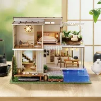 Swimming Pool Modern Loft Casa DIY Villa Dollhouse New Wooden Doll House Kit Miniature with Furniture Toys Adults Christmas Gift