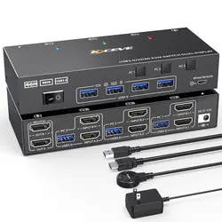 Dual Monitor KVM Switch USB 3.0 HDMI KVM Switch 2 Monitors 3 Computers, EDID Emulator,4K@60Hz 2K@144Hz with 4 USB 3.0 Ports