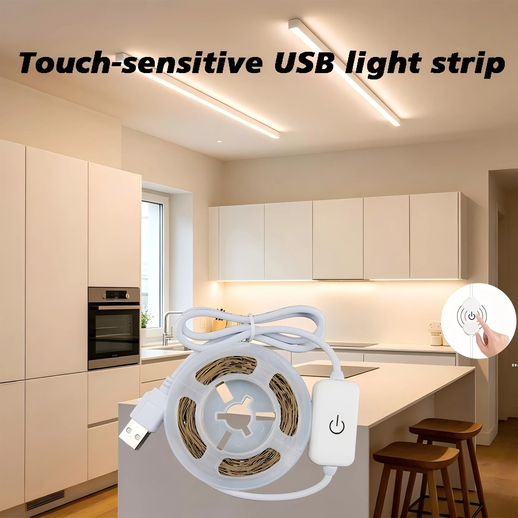 USB-powered touch-sensitive LED light strip, available in warm and white colors. Suitable for bedrooms, kitchens, and stairwells