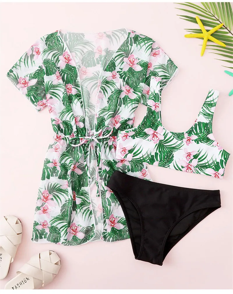 Leaf Print Girls Kids Swimwear Bikinis Set Summer Beach Outdoor 3 Piece Children Swimsuit Cover Smock Set Teen Biquini Infantil