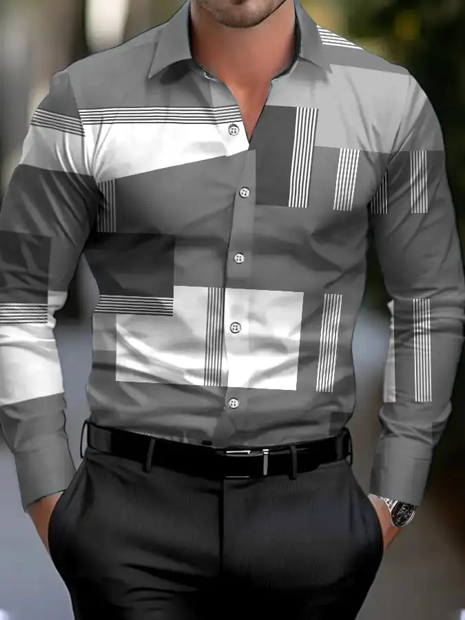 Men\'s shirt regular lapel shirt men\'s 3d printing triangle geometric printing casual street long sleeve fashion printed shirt