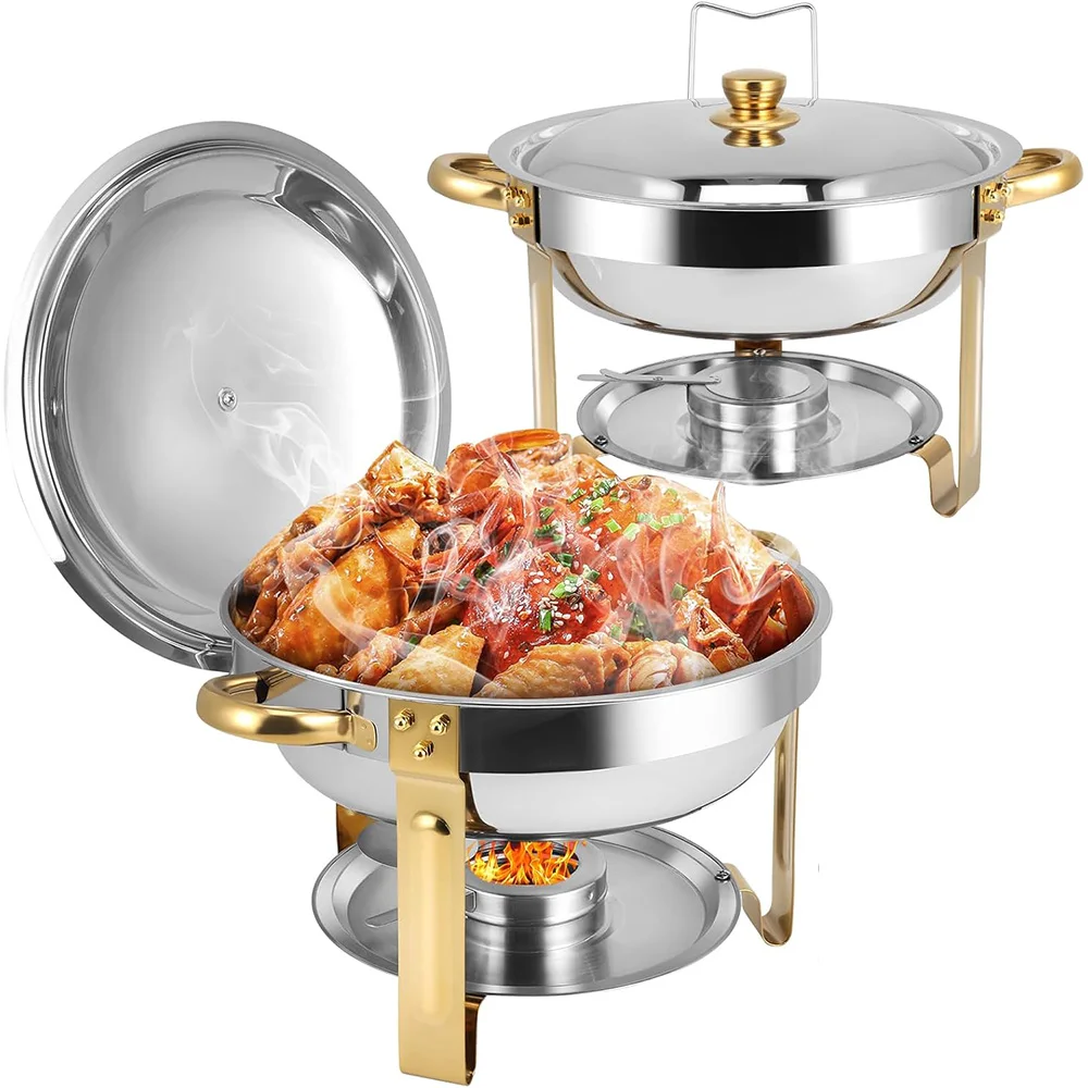 

2/4 Pack Chafing Dishes Stainless Steel Christmas Buffet Food Warmer Set 5QT Round Half-Gold Plated with Lid for Home Parties