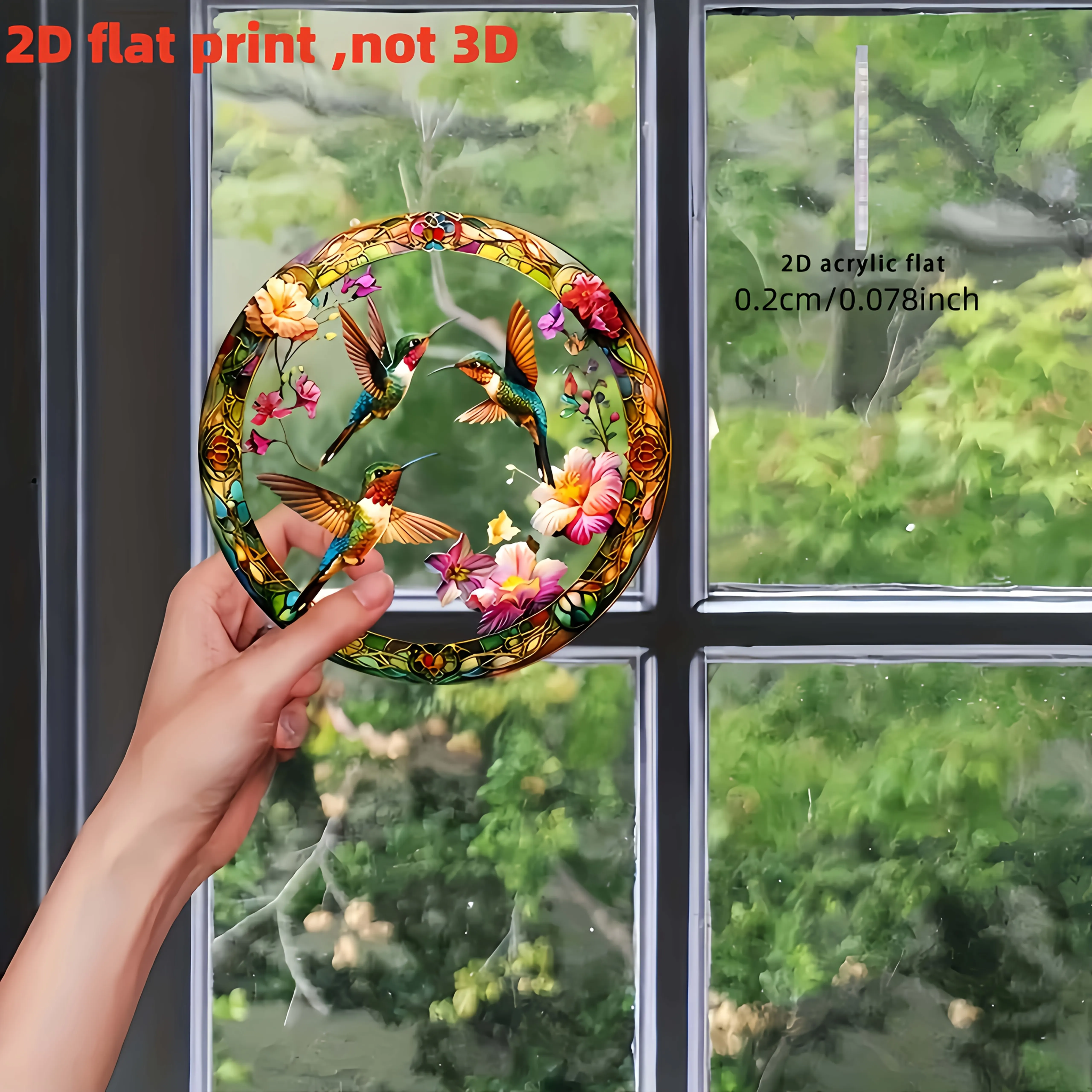 2D Flat, 1pc Hummingbird Floral Stained Glass-Style Acrylic Sun Catcher - Vibrant Round Window Hanging Decor with Colorful Flowe
