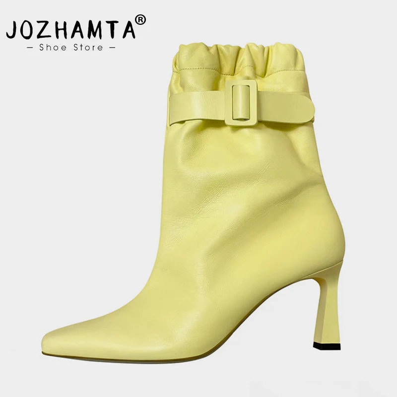 JOZHAMTA Size 34-43 Women Ankle Boots Luxury Brand Real Leather High Heels Shoes Woman Winter 2023 Sexy Buckle Elastic Booties