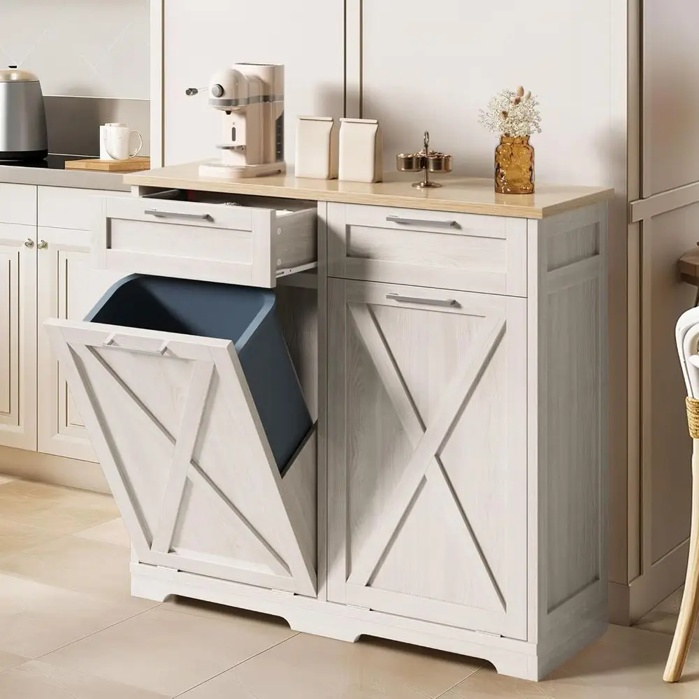 

20 Gallon Kitchen Double Tilt-Out Trash Cabinet with 2 Drawers, Laundry Hamper, Off-White