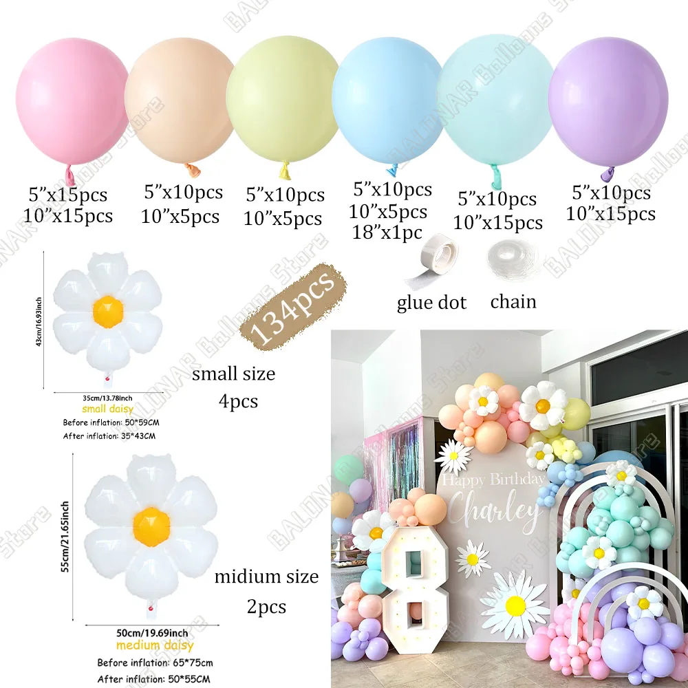 134Pcs Macaron Candy Colored Balloon Garland Arch Daisy Foil Balloon Girl Princess Birthday Party Wedding Decoration Baby Shower