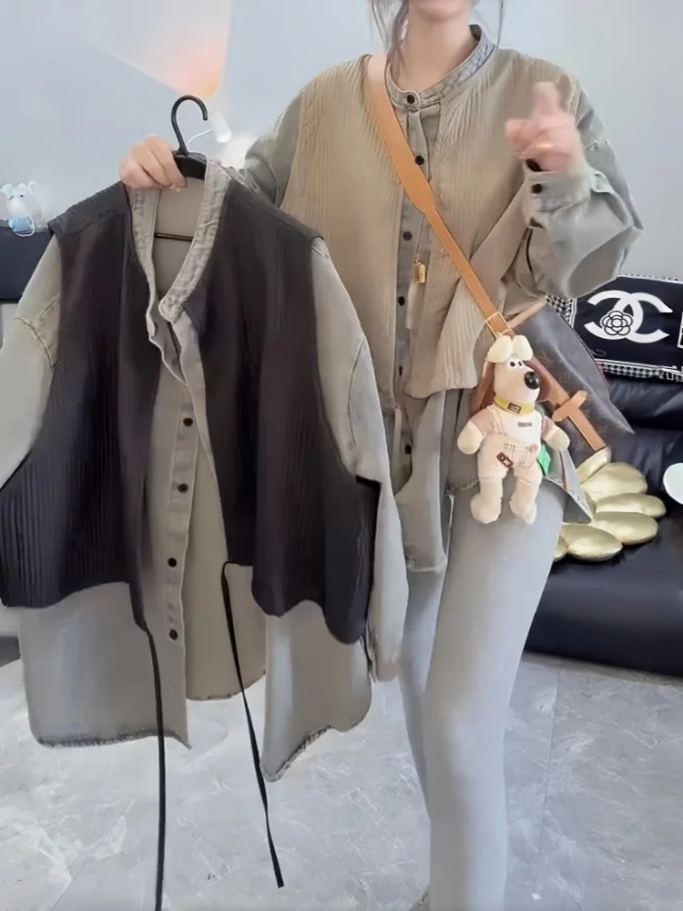 ゆったりフィットデニムシャツジャケット レディース 秋ファッションセット カジュアル ハイウエスト ラウンドネック ボタン留め 通気性 ミッドシル