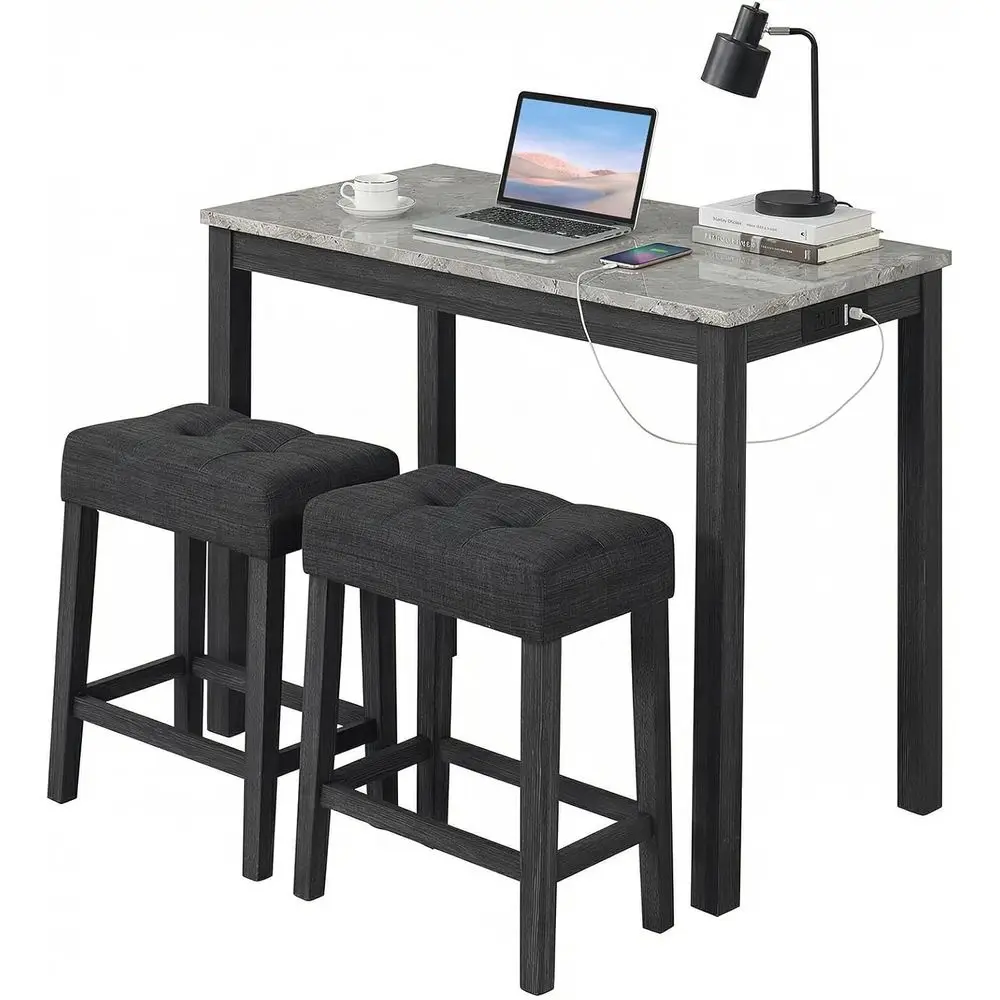 

Барный стол из 3-х частей с зарядной станцией, обеденный стол для завтрака в стиле мрамора с 2 мягкими стульями, серый деревянный стол