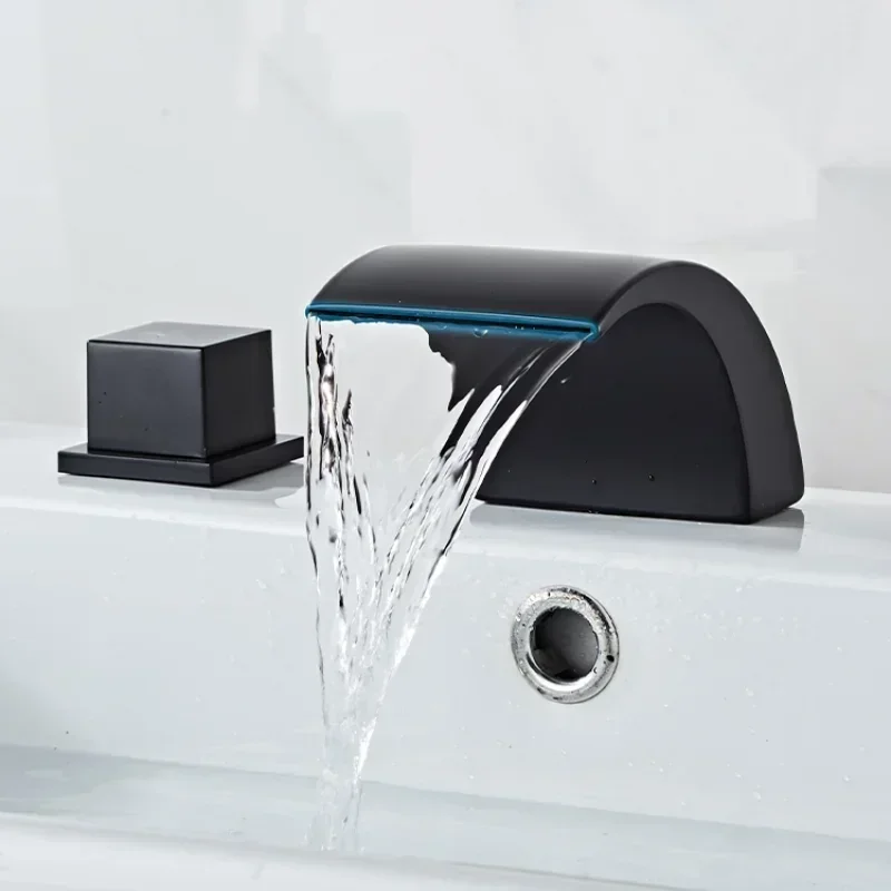 

Black Bathroom Sink Faucet 3 hole Basin Waterfall Faucet Hot and Cold Water Bathtub Split Washbasin Mixer Taps Three Piece Sets