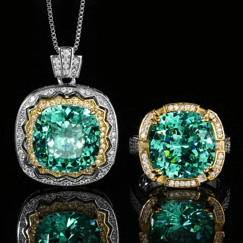 

14mm Square Cut Green Cubic Zirconia Jewelry Adjustable Ring Necklace Two Tone Halo Vintage Sparkling Statement Jewelry Gift
