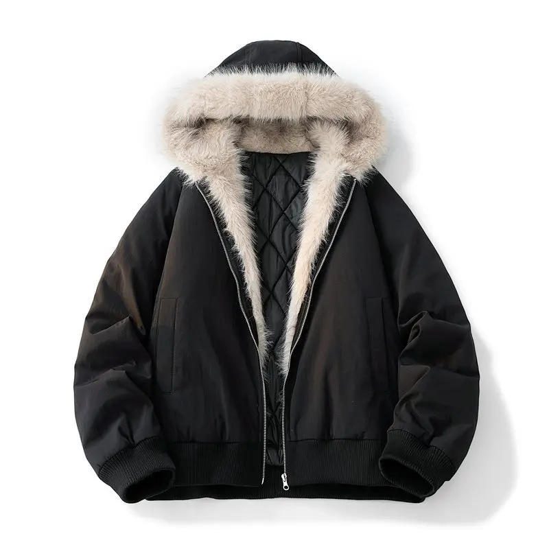 2025 Winter Man Plush Jacket American Retro Long Sleeve Fur Hooded Male Outerwear Thicken Cold-proof Oversize Men Parkas Coat