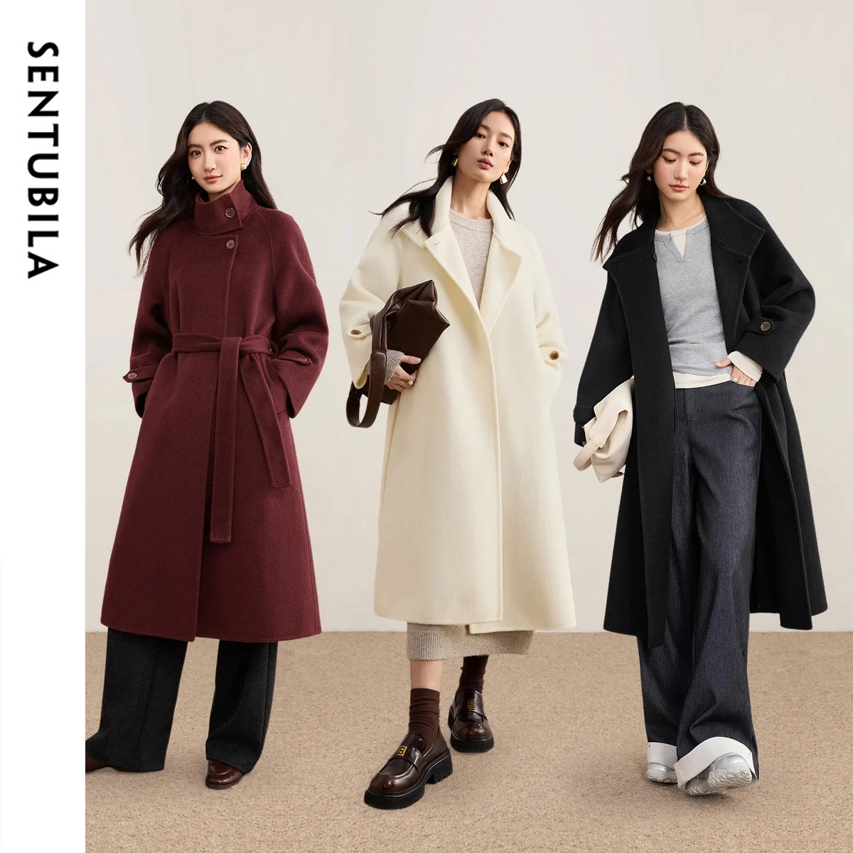 SENTUBILA 100% Wool Double Faced Coat Women's 2026 Winter New Stand Collar Belted Elegant Warm Loose Long Outerwear W54OG8766