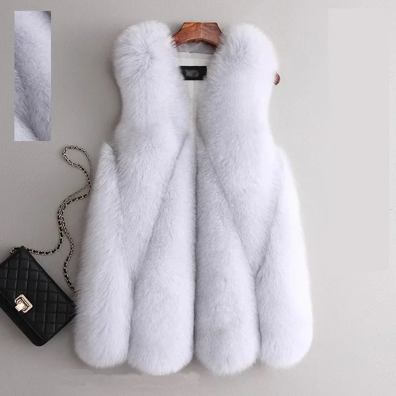 Autumn Winter Women Faux Fox Fur Coat Mid-Length Waistcoat Fashion Vest Female Casual Keep Warm Temperament Slim Outwear 2024