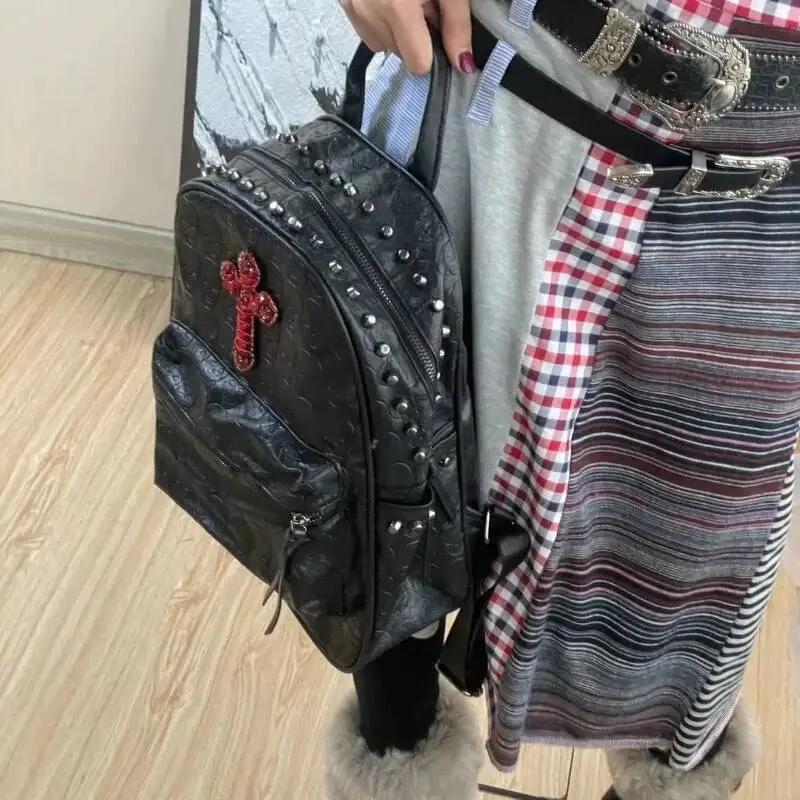 Streetwear Vintage Punk Cross Skull Backpack Y2k Aesthetic Haruku Gothic Handbags Women Casual Retro Rivet Students Backpacks