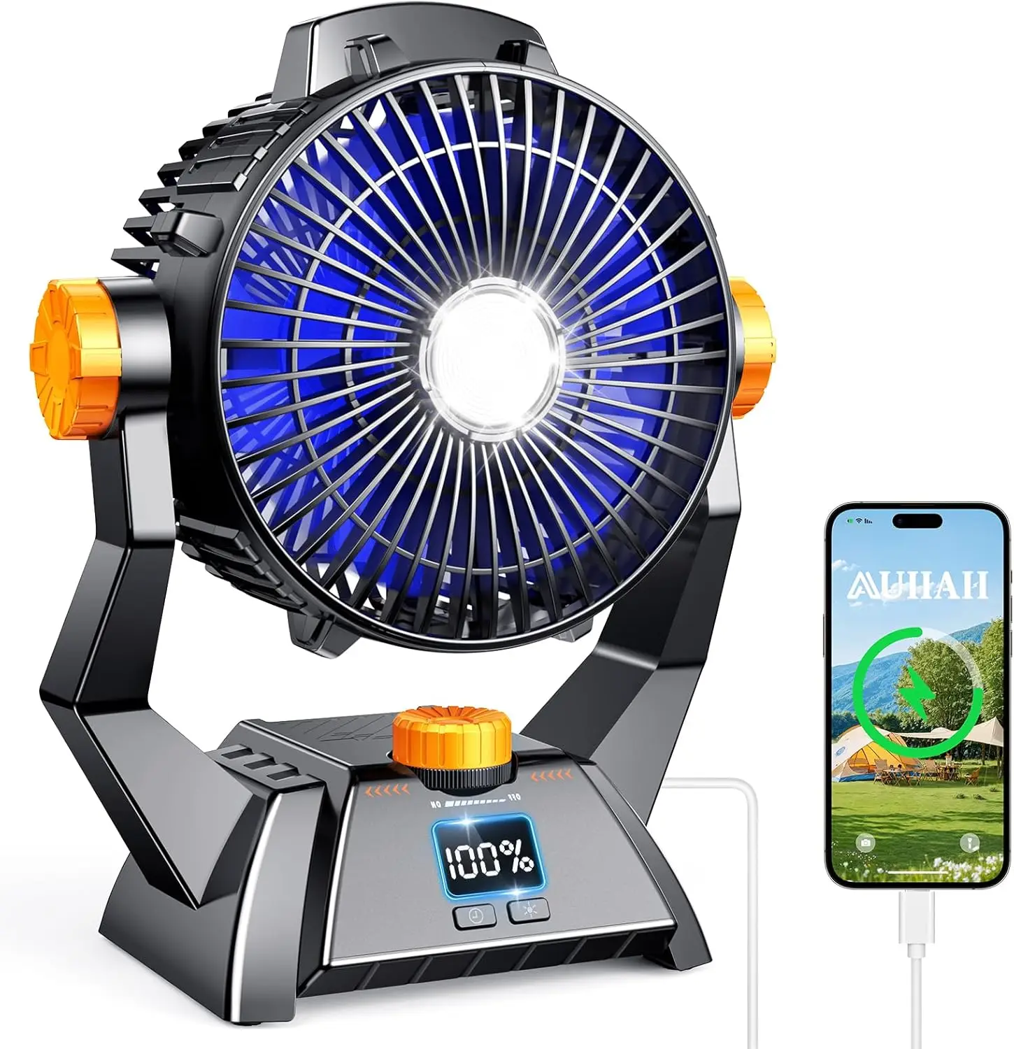 

Перезаряжаемый вентилятор для кемпинга: светодиодная подсветка, дисплей мощности, таймер, 360° ° Крючок, ультра тихий