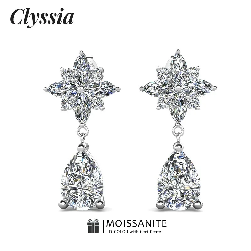 

CLYSSIA Роскошные висячие серьги из стерлингового серебра 925 пробы с муассанитом для женщин, подарок, высокое качество, бриллиантовая огранка, гипоаллергенные с GRA