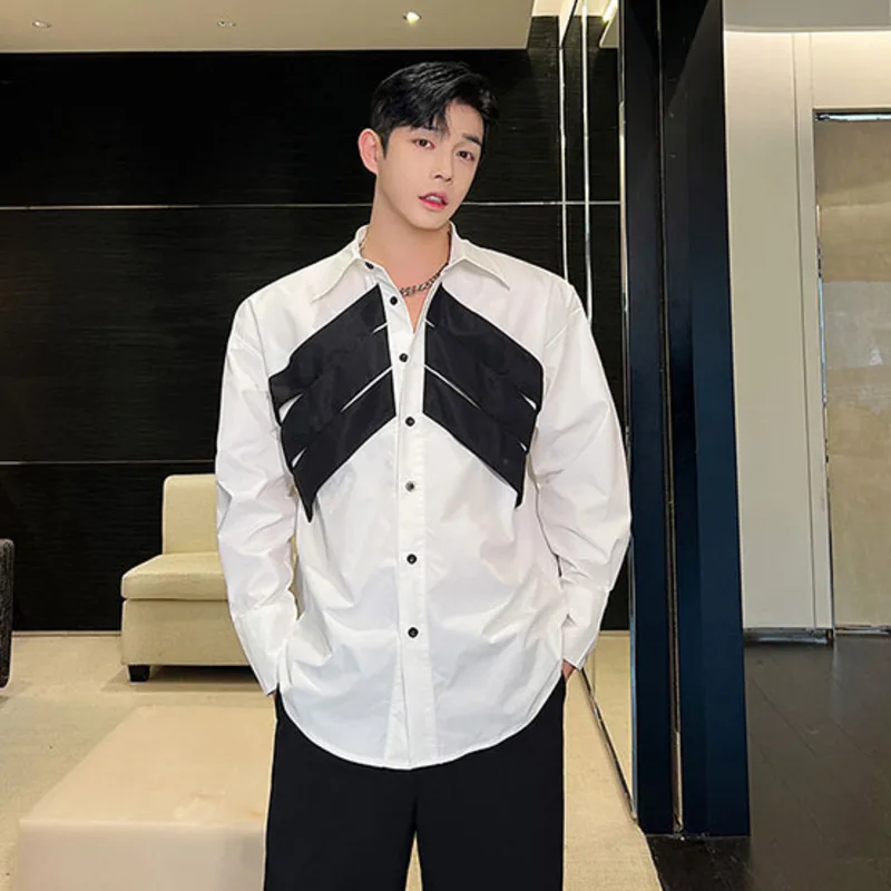 Camisas de retazos de bloques de Color para hombres, blusa con botones de manga larga con solapa, ropa de calle, camisa holgada informal de otoño Unisex