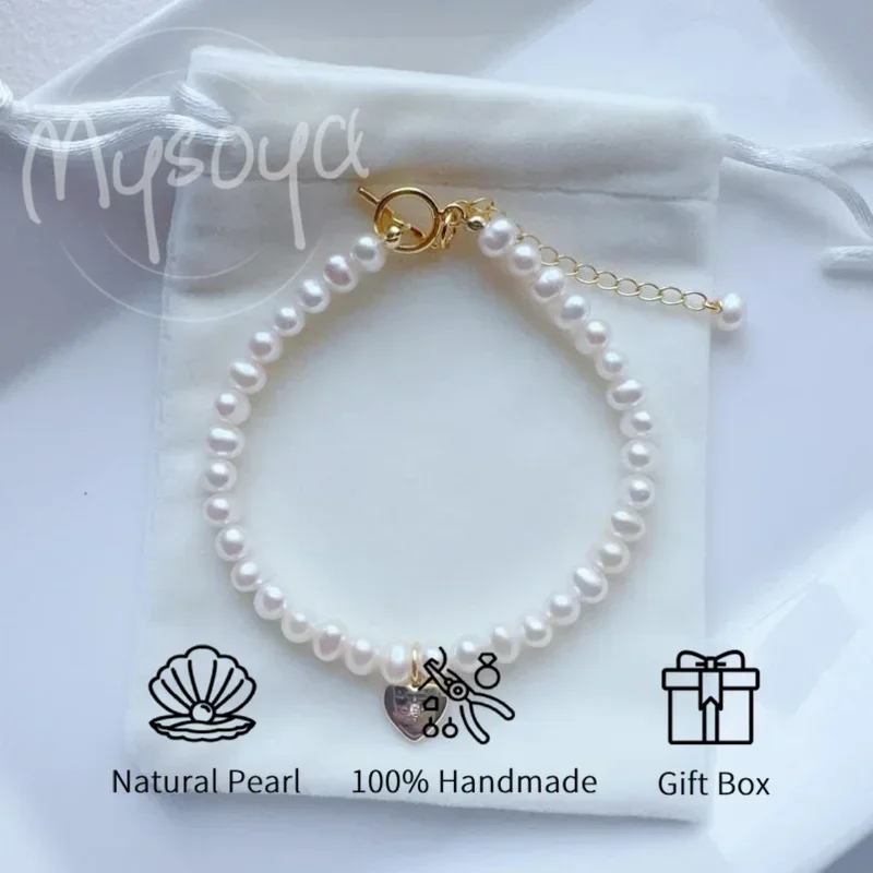 

MYSOYA 5-6mm Natural White Freshwater Pearl Bracelet For Women And Men With Gift Box Wedding Birthday Anniversary Jewelry Gift