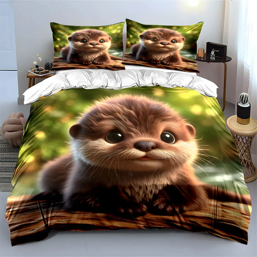 Adorable baby otter on wooden surface Printed Duvet Cover Set 1 Duvet Cover+2 Pillowcase Multi Size Bedroom Bedding Decoration