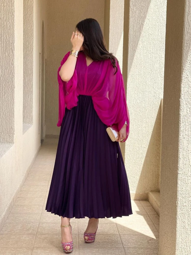 Saudi Arab Muslim Dress Pleated Ruffles Long Sleeve Party Middle East Caftan Ramadan Marocain Dubai Kaftan Elegant Vestidos