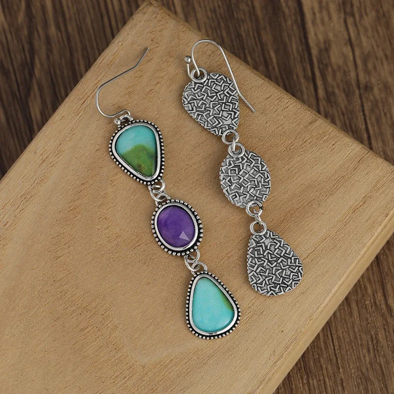 Retro Water Drop Round Geometric Earrings Purple Gemstone Pendant Women's Engagement Jewelry