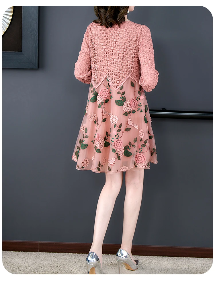 ZUO MAN RU 2023 Spring and Summer New Pink Flower Embroidery Large Size Dress Round Neck Korean Mesh Splice Small Slim Skirt