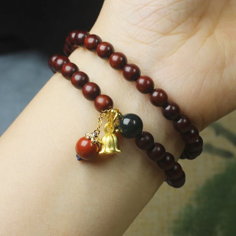 Zambian Rosewood Blood Sandalwood 6mm Double-Loop Bracelet with Lily of the Valley Pendant, Forest Style Prayer Beads 4