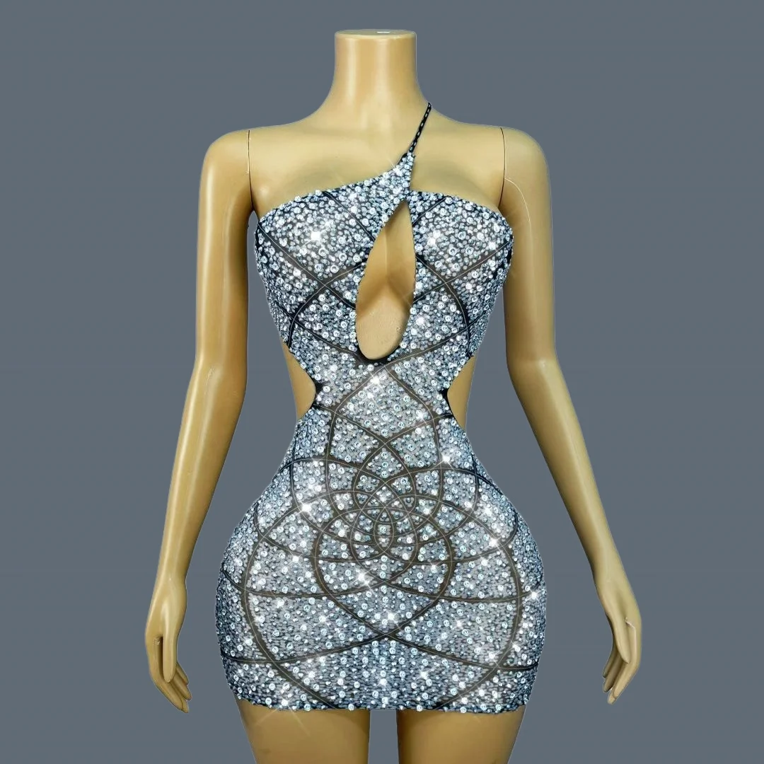

Luxury Sparkly Full Silver Crystals Mini Dress Hollow Out Low-cut Cocktail Dresses Club Bar Event Party Sexy Dress Yuezhaohua