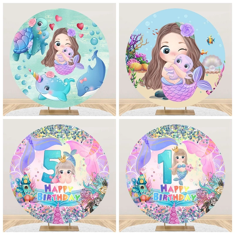 

Cartoon Mermaid Birthday Round Backdrop Photography Princess Baby Shower Party Photo Photographic Background For Photo Studio