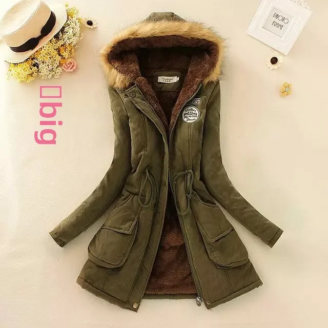 

Thiened Oat Coat with Hood Lamb Fur Collar Warm Outerwear Long Sve Mid-Length Cotton Jaet for Women