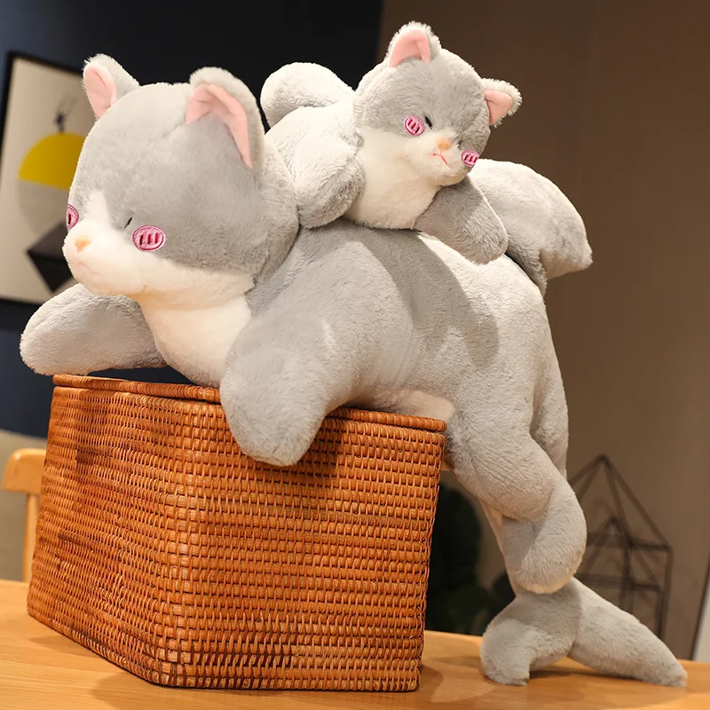 50/70/90cm Kawaii Grey Cat Peluche Toys Lovely Lying Cat Pillow with Shark's Tail Stuffed Soft Cushion Kids Birthday Xmas Gifts