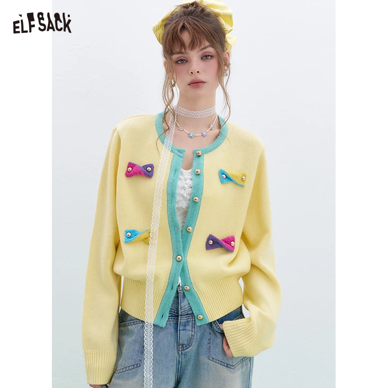 

ELFSACK 2025 Spring New Arrivals Y2K Dopamine Contrast Color Bowknot Knitted Cardigan Women Round Neck Long Sleeve Korean Top