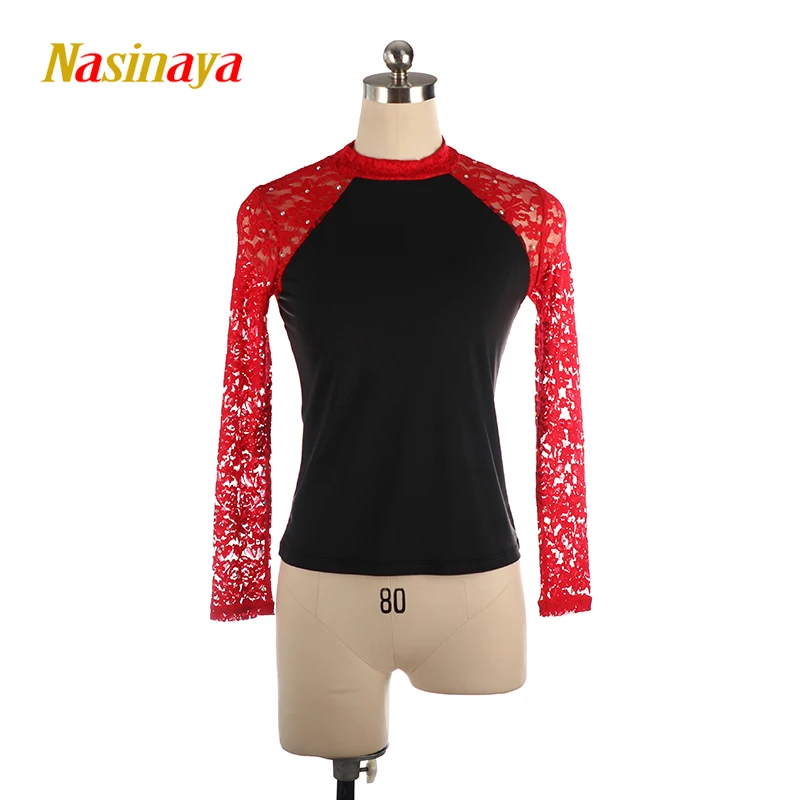 Women's Figure Skating Competition Training T-shirt Adult Artistic Gymnastics Tight Fit Round Neck Long Sleeve Lace Black Red