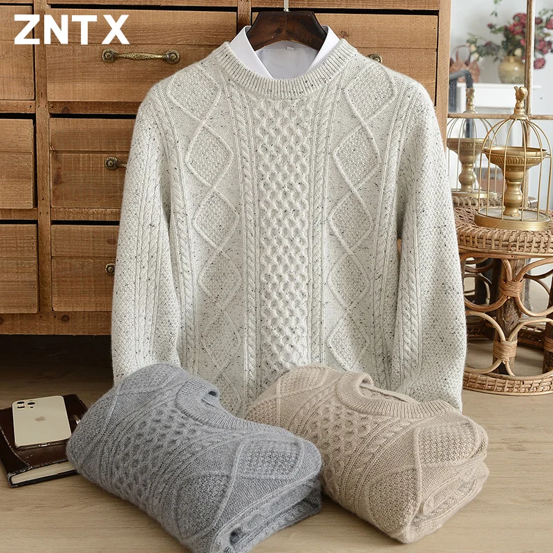 

ZNTX New pure cashmere sweater men's crew neck sweater Winter super thick jacquard casual striped sweater loose solid color