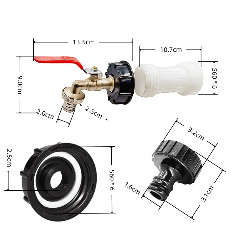 IBC Tank Adapter Cap with 107mm Extension - 3/4" x 1" Red Zinc Alloy Faucet for Water Barrel