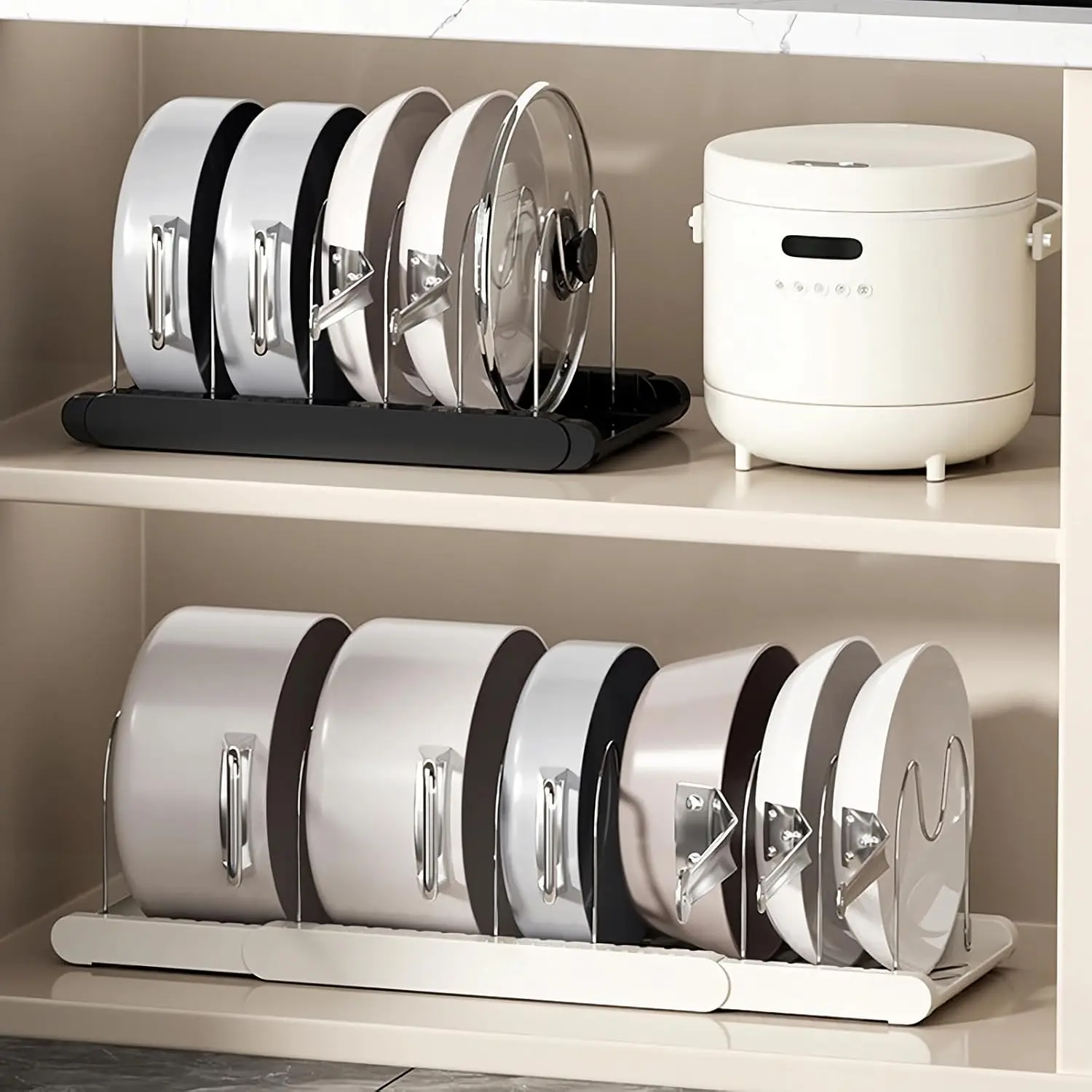 Expandable Pans Organizer Rack Kitchen Utensil Storage Rack Dish Drainer Drawer Expanding Cookware SpaceSaving Cabinet Organizer