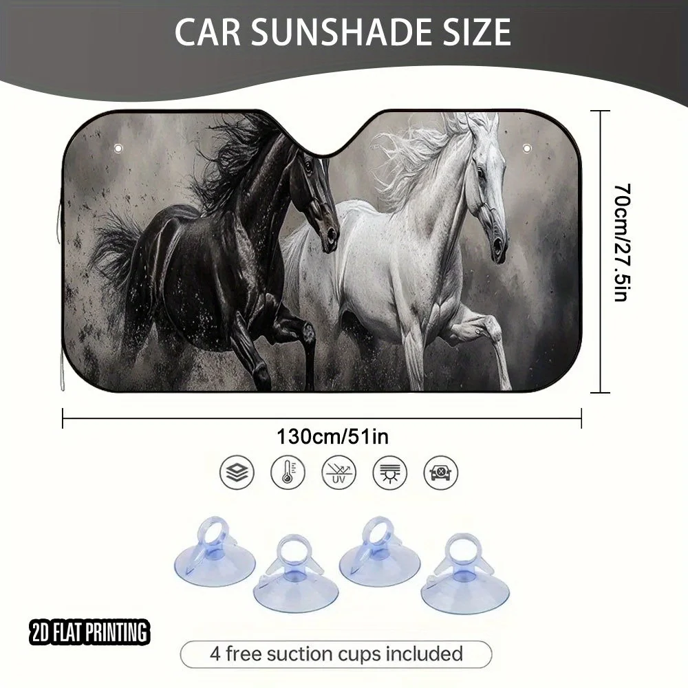 1pc 2D Galloping Horses Car Sunshade – Foldable & Space-Saving, Polyester Fiber, Easy Installation With 4 Suction Cups, Cooling