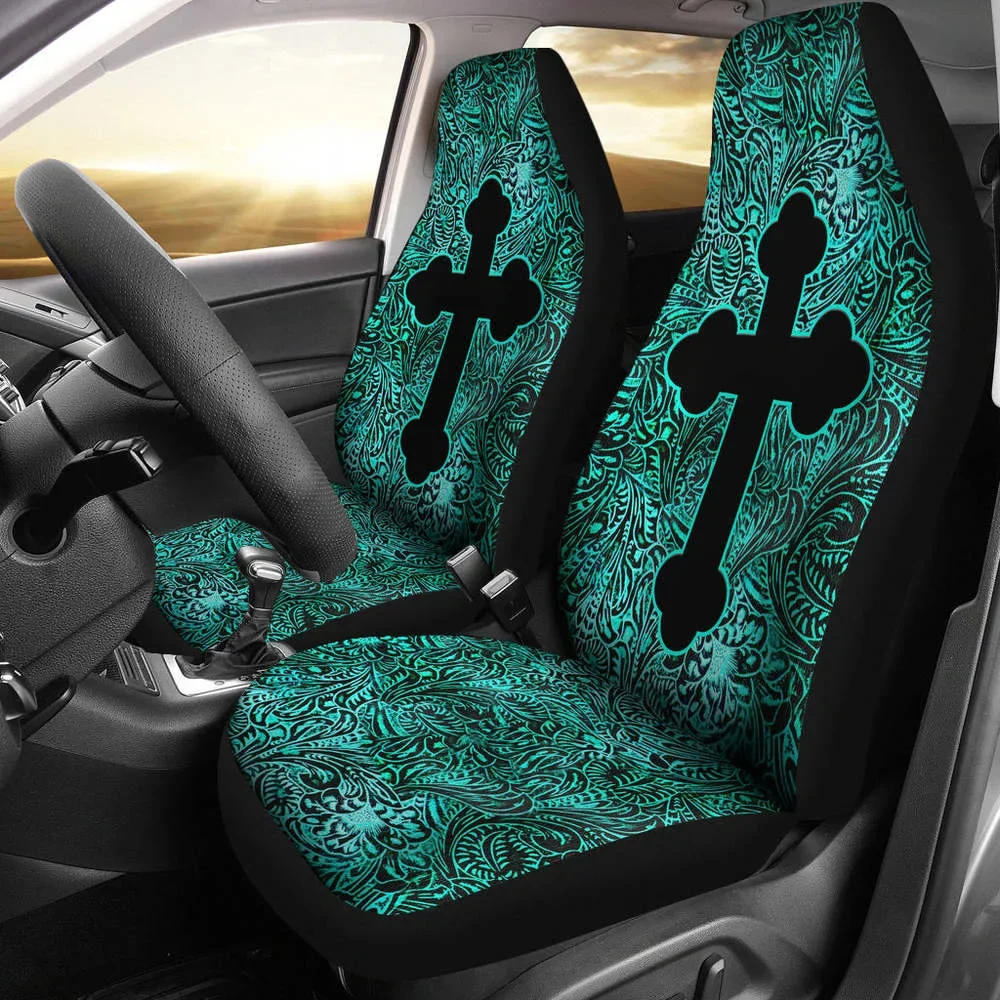 Turquoise Tooled Leather Style Car Seat Covers With Catholic Style Chr,Pack of 2 Universal Front Seat Protective Cover