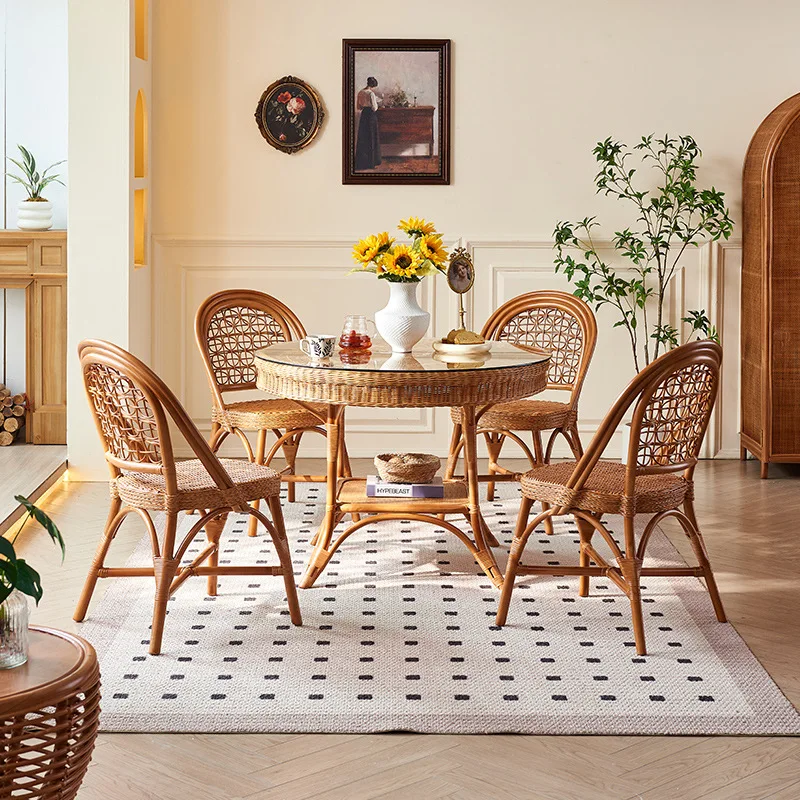 

table and chair combination handmade Indonesian agate rattan chair antique style homestay indoor table and chair five-piece set