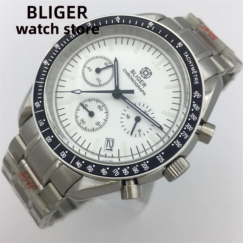 BLIGER40mmVK63 Chuyển Động Thạch Anh Đa Chức Năng Đồng Hồ Lịch Vạn Niên Thương Mại Kính Sapphire Nam Trắng Mặt Trắng Dây Thép Không Gỉ