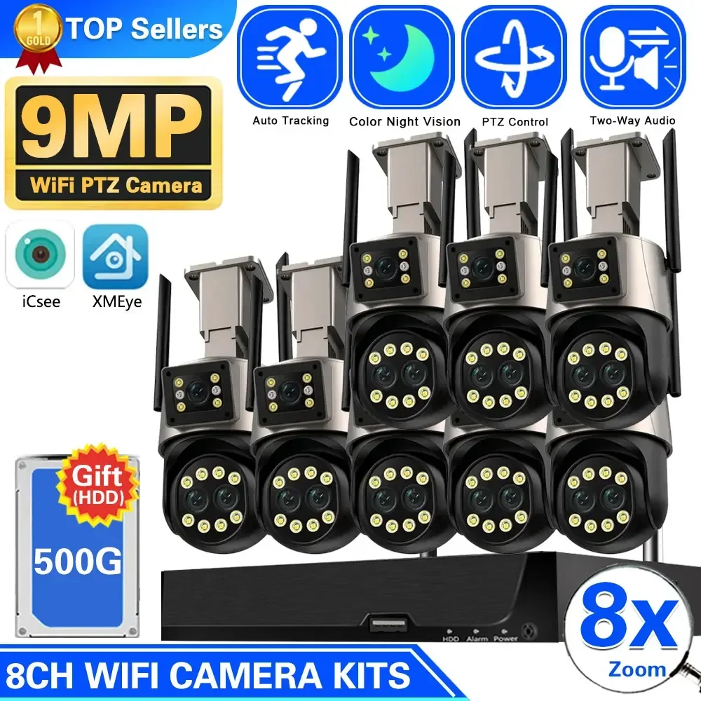 

8CH WIFI NVR Kit Smart Home PTZ Wi-Fi Cameras 3-Lens 9MP 8X Zoom Outdoor Wireless Video Surveillance Security CCTV System ICSEE