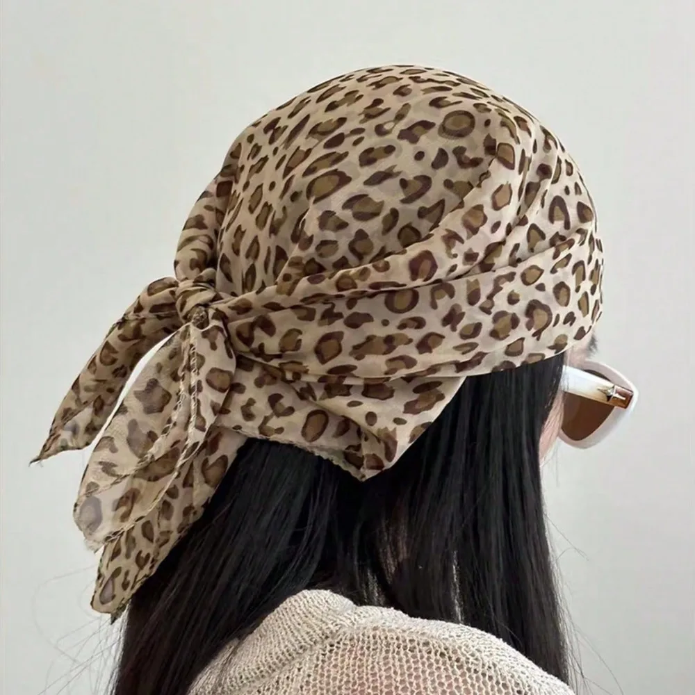 Retro Leopard Print Square Headscarf Thin Y2K Headband Satin Neckerchief Women