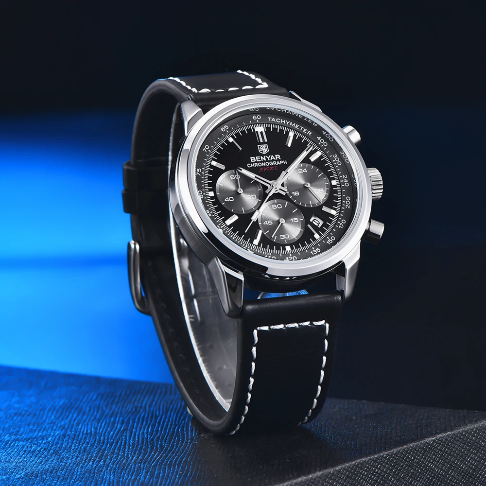 BENYAR Mens Watches Top Brand Luxury Sports Chronograph Quartz Watch Men Military Waterproof Genuine Leather Reloj Hombre 2023