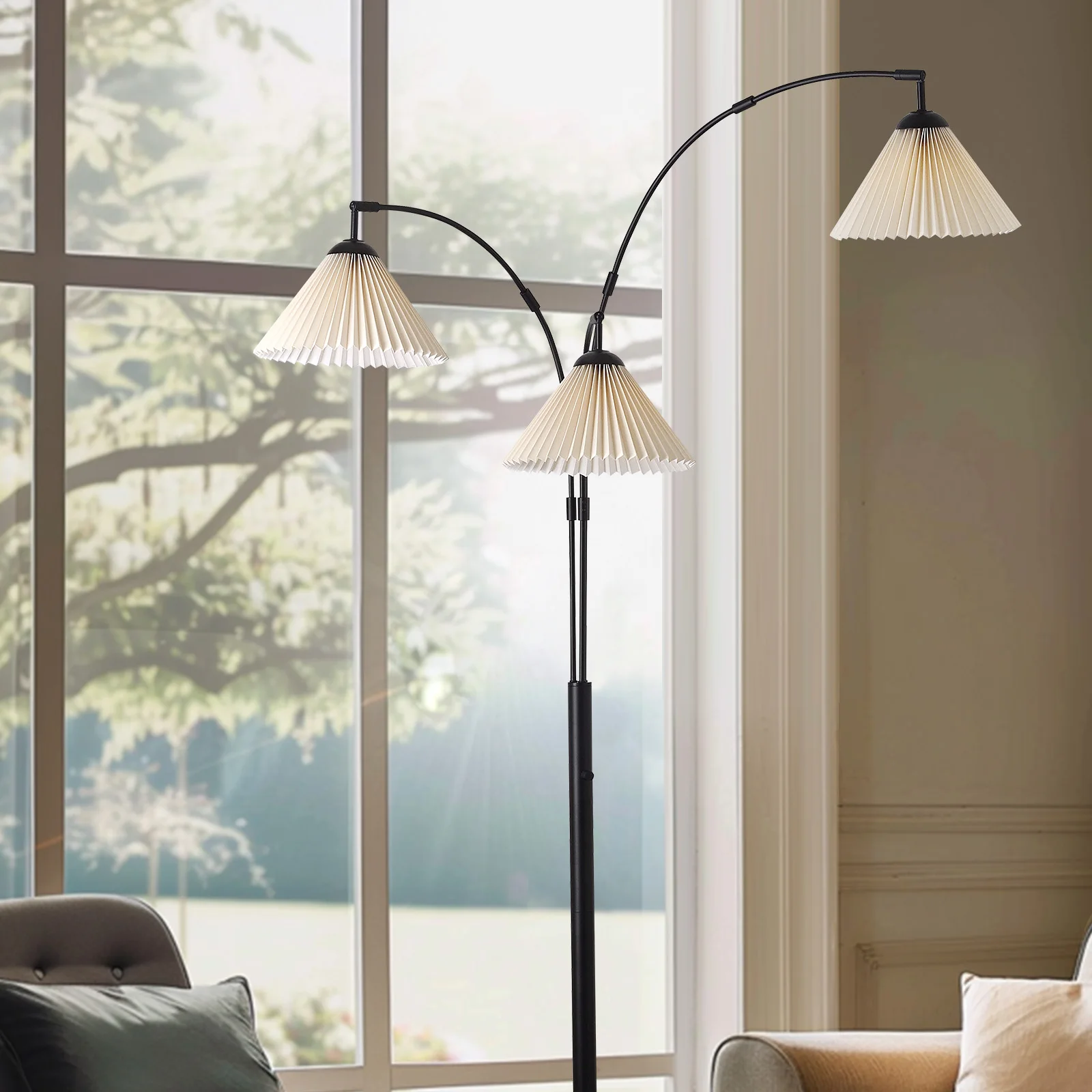 โคมไฟตั้งพื้นหรี่แสงได้ 3 แขนสูง 80 นิ้ว, การปรับความสว่างแบบ Stepless 0-100%, ซุ้มหมุน 3 อัน, สวิตช์หรี่ไฟบนเสา